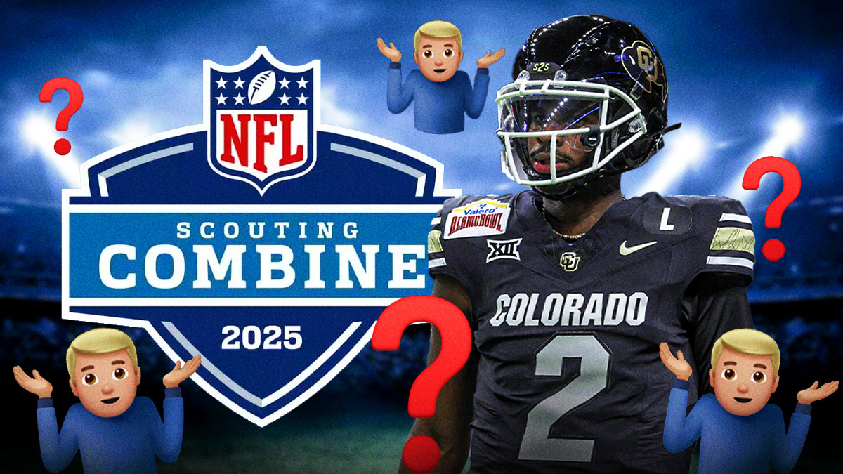 Colorado QB Shedeur Sanders with NFL Scouting Combine logo next to him. Multiple ❓ and 🤷‍♂️ emojis throughout background. Background is Lucas Oil Stadium.