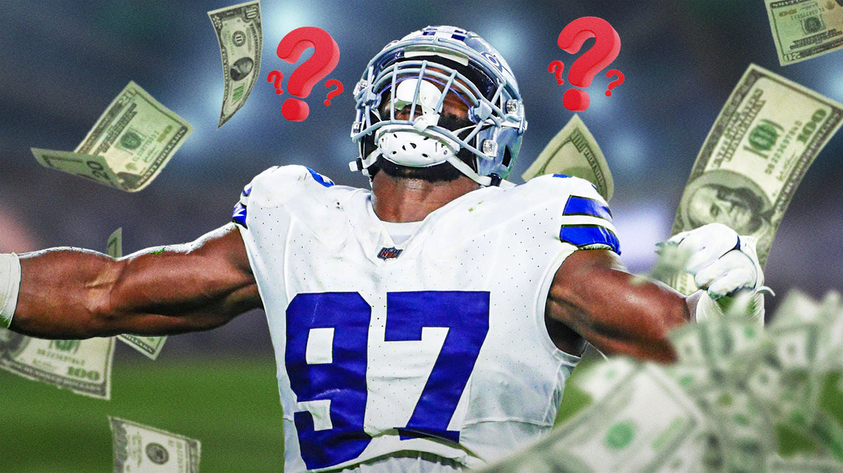 Cowboys defensive lineman Osa Odighizuwa with money bags around him and question marks