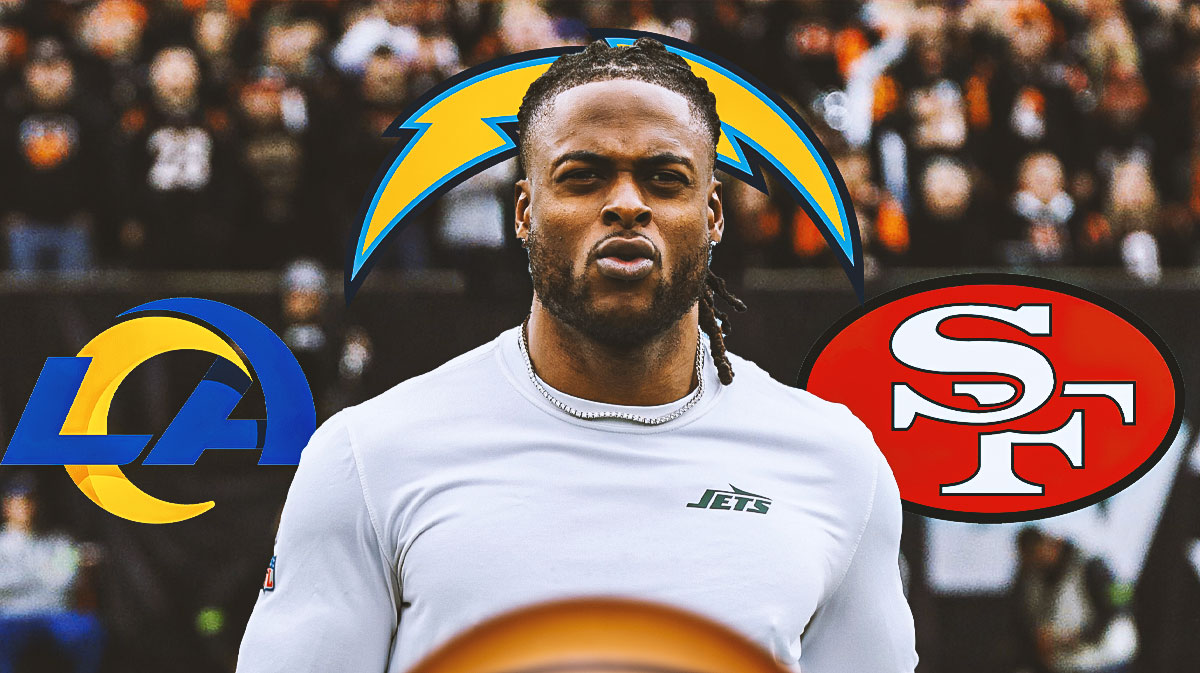 NFL wide receiver Davante Adams and the Los Angeles Rams, Los Angeles Chargers, and San Francisco 49ers logos