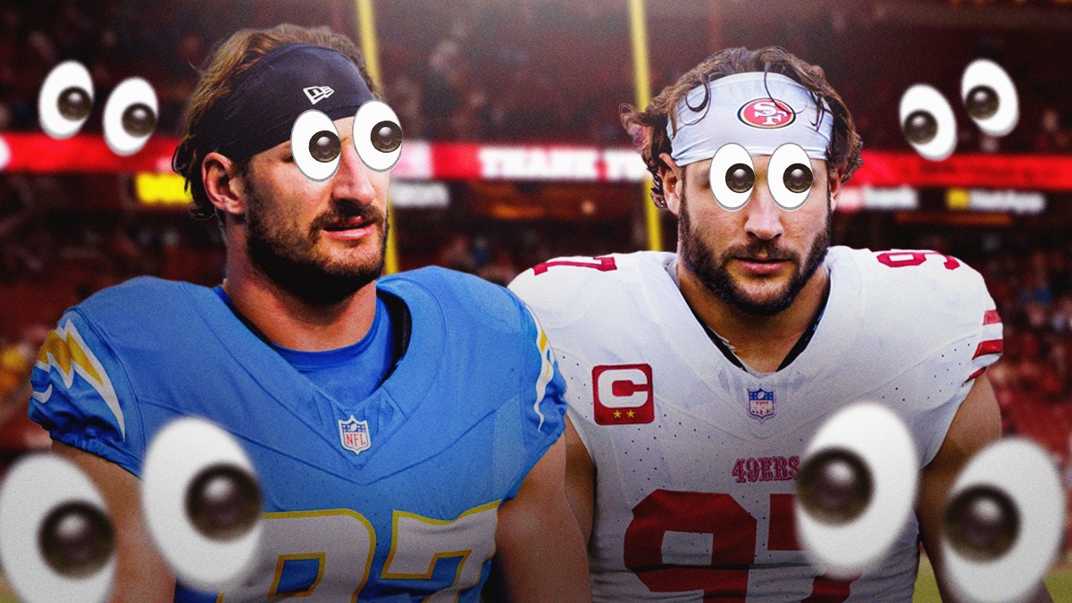 Chargers DE Joey Bosa with 👀 over his eyes next to 49ers DE Nick Bosa with 👀 over his eyes. Multiple blurry 👀 in background. Background is Levi's Stadium.