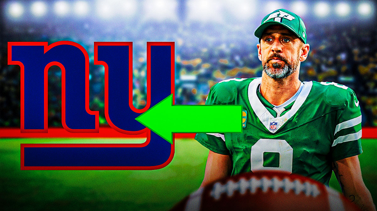 Aaron Rodgers on left. NY Giants logo on right. Arrow pointing from rodgers to logo. question marks all around