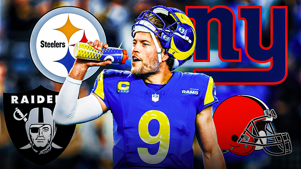 Rams' Matthew Stafford with Giants, Browns, Steelers and Raiders logos around him and a question mark