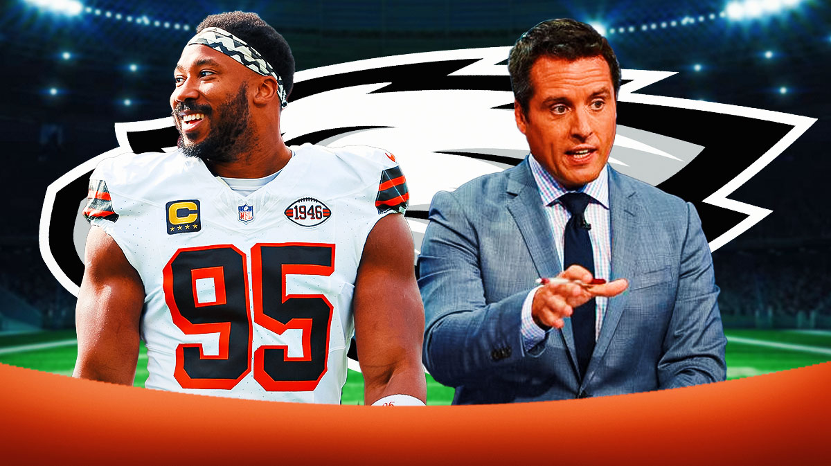 Cleveland Browns edge rusher Myles Garrett next to ESPN's Dan Graziano. They are surrounded by question mark emojis. There is also a logo for the Philadelphia Eagles.