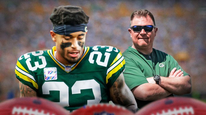 Brian Gutekunst next to Jaire Alexander in front of the Packers stadium.