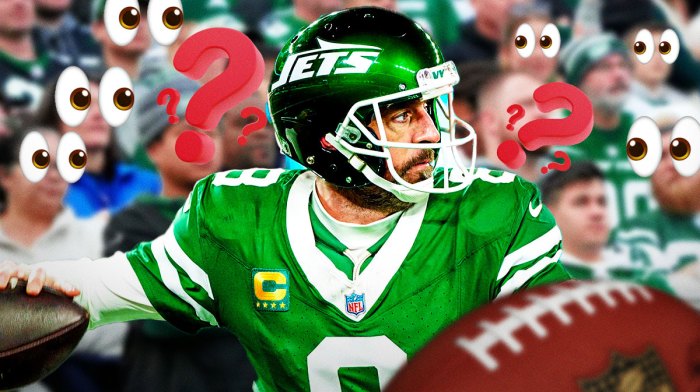 Aaron Rodgers on one side with question marks around him, a bunch of New York Jets fans on the other side with the big eyes emoji over their faces