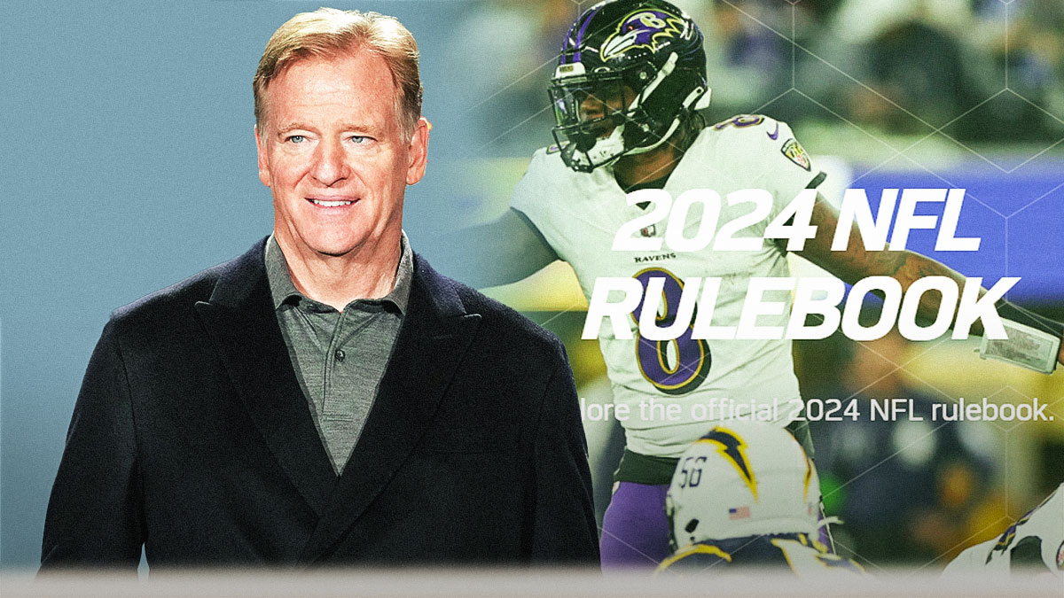 NFL Commish Roger Goodell with the NFL Rule Book behind him