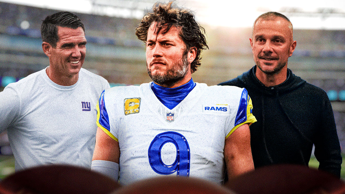 Rams Matthew Stafford (front, center) with Giants Joe Schoen (back left) and Raiders John Spytek (back right) behind him
