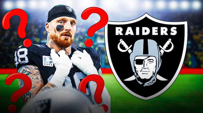 Las Vegas Raiders edge rusher Maxx Crosby surrounded by question mark emojis. There is also a logo for the Las Vegas Raiders.