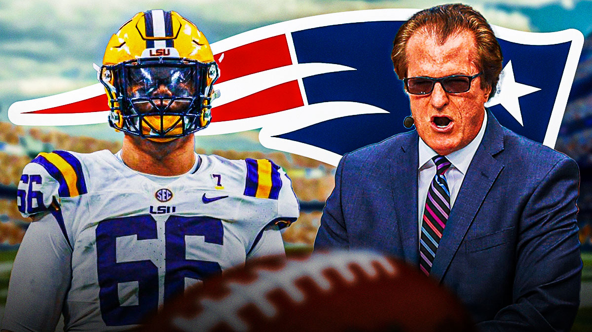 Mel Kiper Jr looking at LSU offensive tackle Will Campbell with question marks around him, and the Patriots logo in the background.