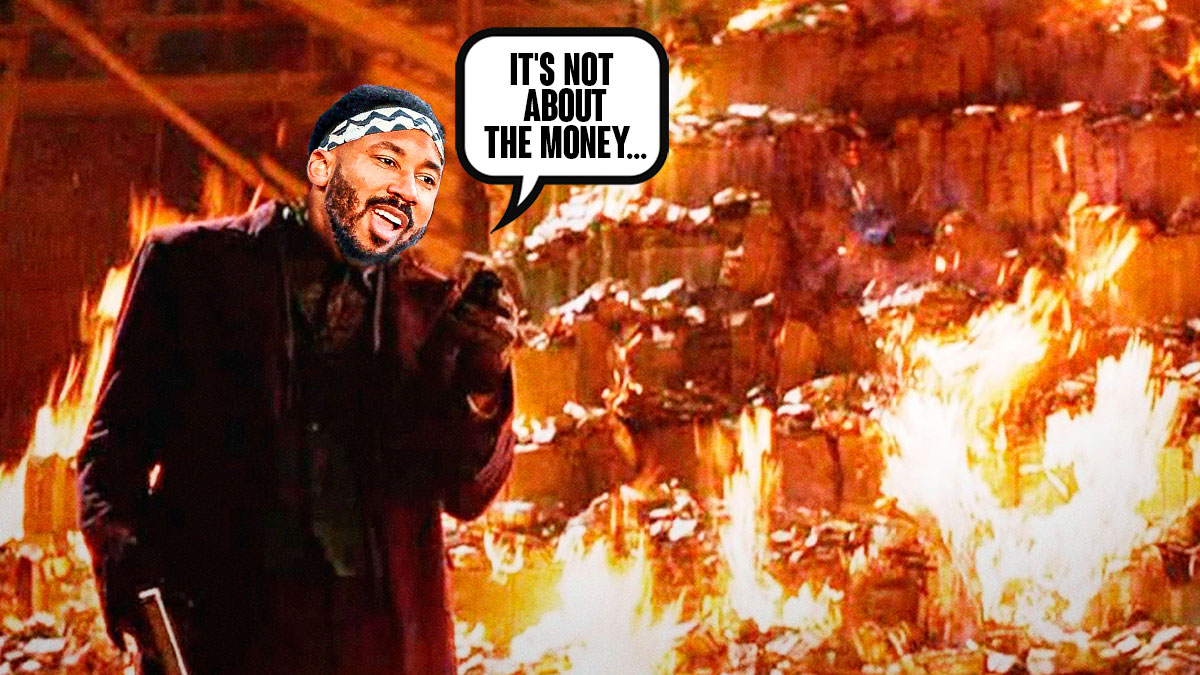 Browns EDGE Myles Garrett in front of burning money, saying "It's not about the money."