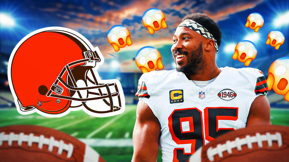 Myles Garrett next to 'shocked face' emoji and Browns logo.