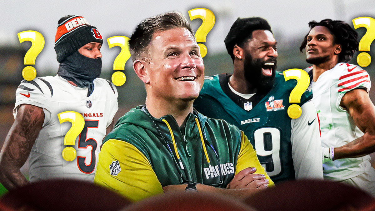 Green Bay Packers GM Brian Gutekunst with Tee Higgins in a Bengals uniform, Josh Sweat in an Eagles uniform and Charvarius Ward in a 49ers uniform with question marks surrounding them as the packers consider free agent signings after landing josh jacobs in free agency last offseason.