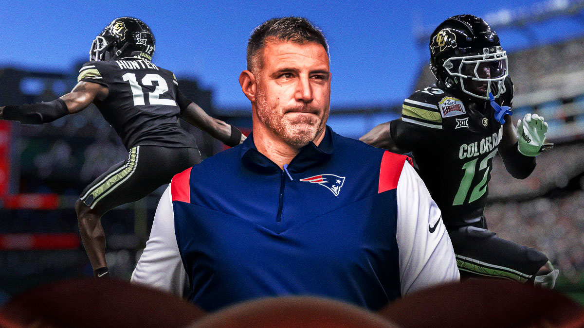 New England Patriots head coach Mike Vrabel with Colorado's Travis Hunter