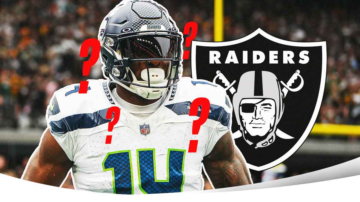 Seahawks' DK Metcalf with Raiders logo next to him and question marks around