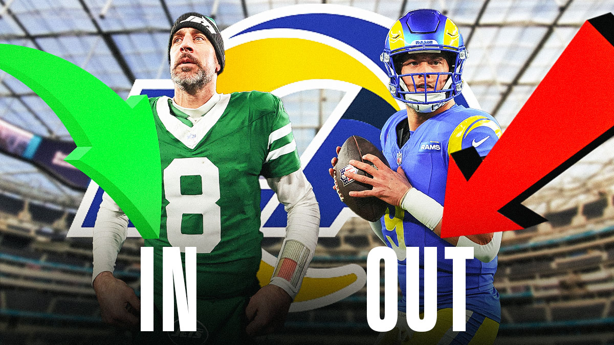 Rams Logo in background with QB Aaron Rodgers on one side with an a green arrow point at him saying "IN". Next to Rodgers is Rams QB Matthew Stafford with a red arrow pointing up and saying "OUT,' signifying a trade. Background is SoFi Stadium.
