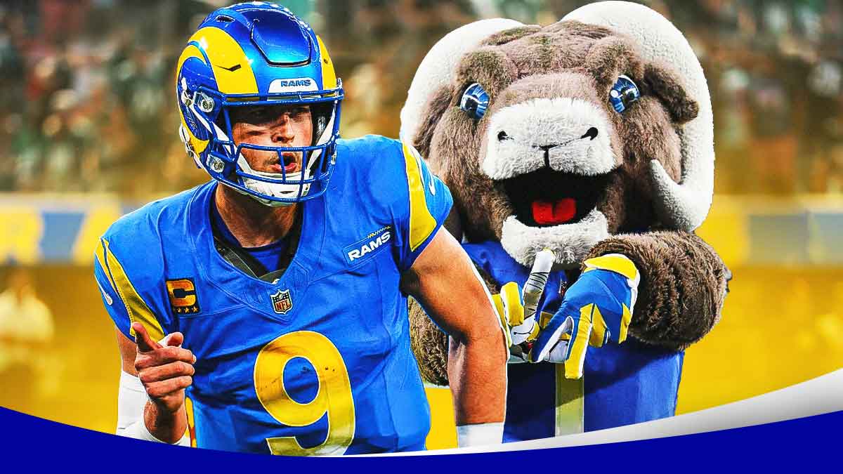 Matthew Stafford next to the Rams mascot