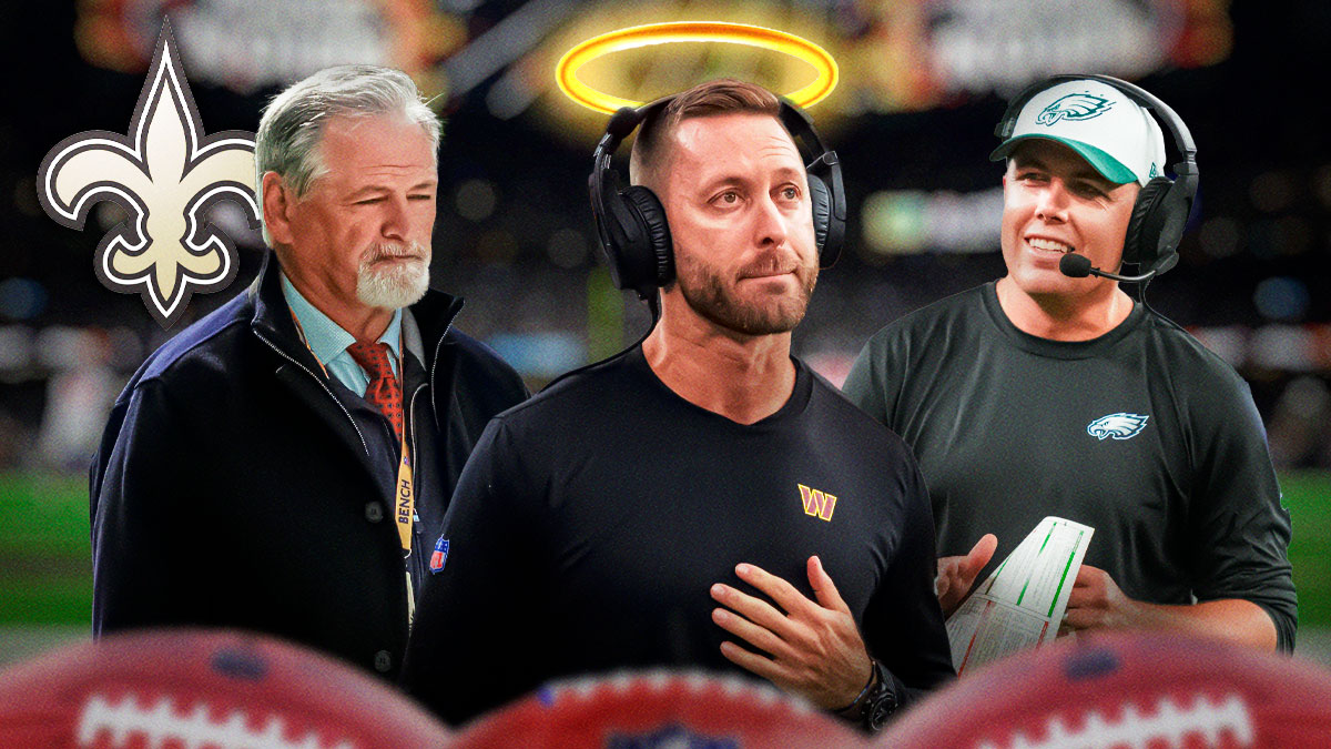 Saints GM Mickey Loomis with a Saints logo in background. Next to Loomis is Commanders OC Kliff Kingsbury with a halo above his head. Next to Kingsbury is Eagles OC Kellen Moore. Background is Caesars Superdome.