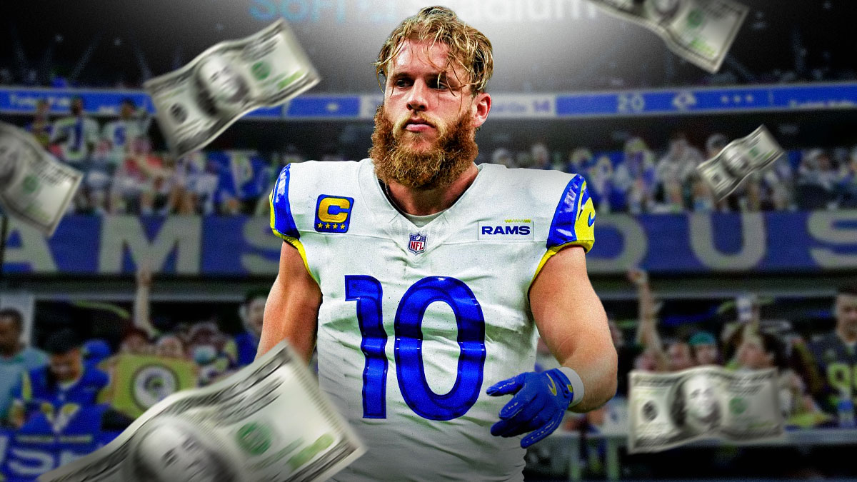 Cooper Kupp in a Los Angeles Rams uniform with $100 bills all around him as the Rams could take money off his salary to help with trade talks.