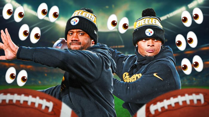Russell Wilson and Justin Fields with a bunch of the big eyes emojis in the background
