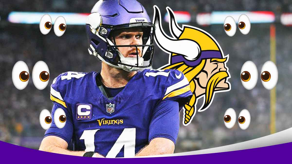 Sam Darnold, Minnesota Vikings logo, eyes symbols