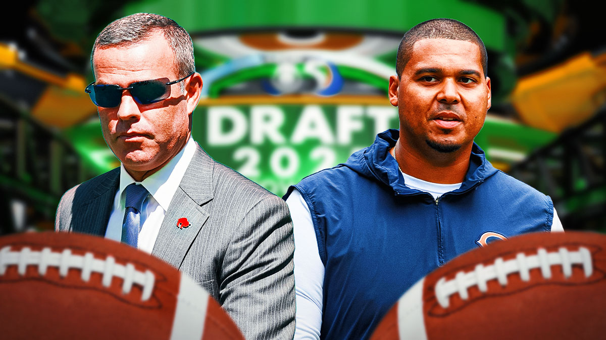 Bills Brandon Beane and Bears Ryan Poles smiling with a 2025 NFL Draft background