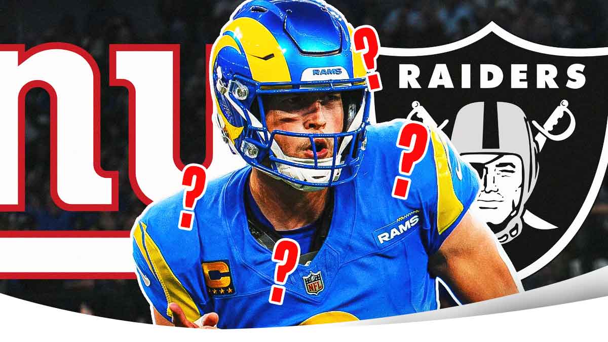 Matthew Stafford in a Los Angeles Rams uniform with a New York Giants logo and a Las Vegas Raiders logo with question marks surrounding as stafford quarterback trade drama is expected to be resolved by the end of the combine