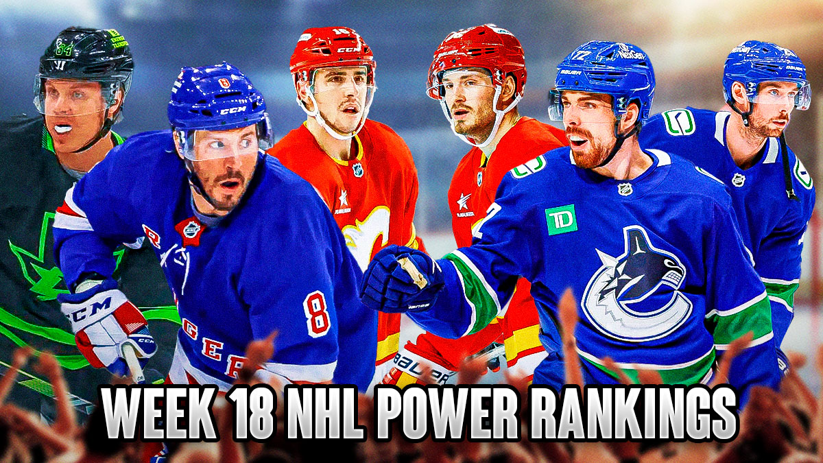 JT Miller (New York Rangers jersey), Mikael Granlund (Dallas Stars jersey) and Morgan Frost (Calgary Flames jersey) on one side, Filip Chytil, Marcus Pettersson (Vancouver Canucks jerseys) and Joel Farabee (Calgary Flames jersey) on other side, NHL logo in middle, hockey rink in background, Text: Week 18 NHL Power Rankings