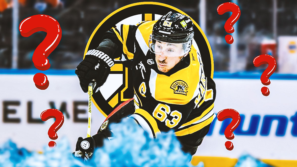 Brad Marchand looking stern, 3-5 question marks, Boston Bruins logo in background, hockey rink in background