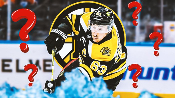 Brad Marchand looking stern, 3-5 question marks, Boston Bruins logo in background, hockey rink in background