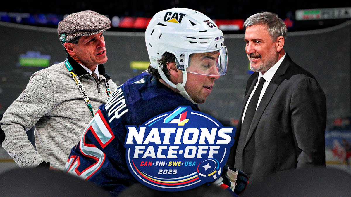 Charlie McAvoy in middle, Don Sweeney and Cam Neely on either side looking stern, 4 Nations FaceOff logo, hockey rink in background