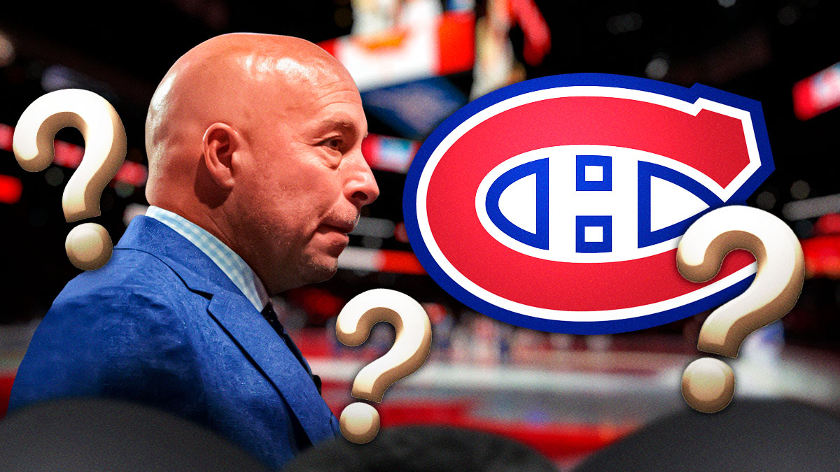 Montreal Canadiens GM Kent Hughes looking thoughtful, Montreal Canadiens logo, 3-5 question marks, hockey rink in background