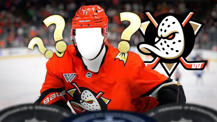 The silhouette of Trevor Zegras in an Anaheim Ducks jersey, Anaheim Ducks logo, 3-5 question marks, hockey rink in background