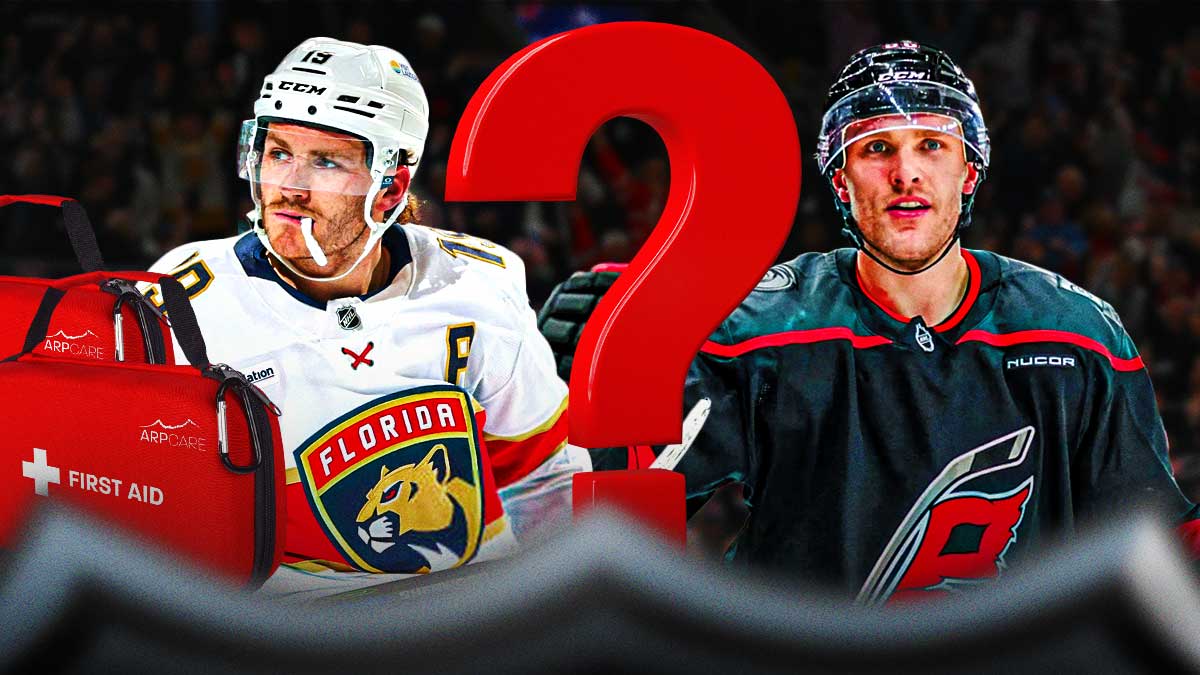 Matthew Tkachuk with a red medical bag, Carolina's Mikko Rantanen on the right, with a big question mark in the middle