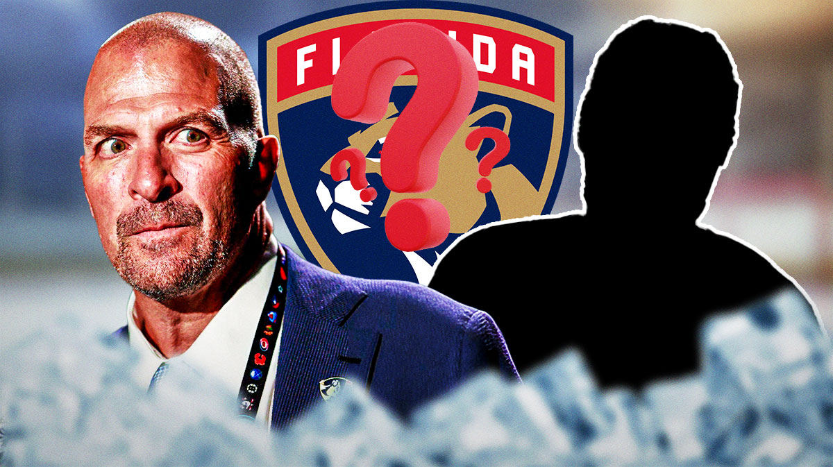 Bill Zito in image looking thoughtful, 1 silhouetted Florida Panthers player, Florida Panthers logo, 3-5 question marks, hockey rink in background