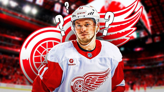 Vladimir Tarasenko in Detroit Red Wings jersey, 3-5 question marks, Detroit Red Wings logo in background, hockey rink in background