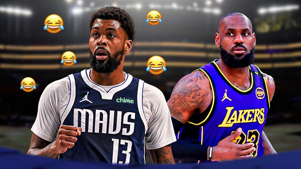 Mavericks' Naji Marshall with laughing emojis above him, Lakers' LeBron James