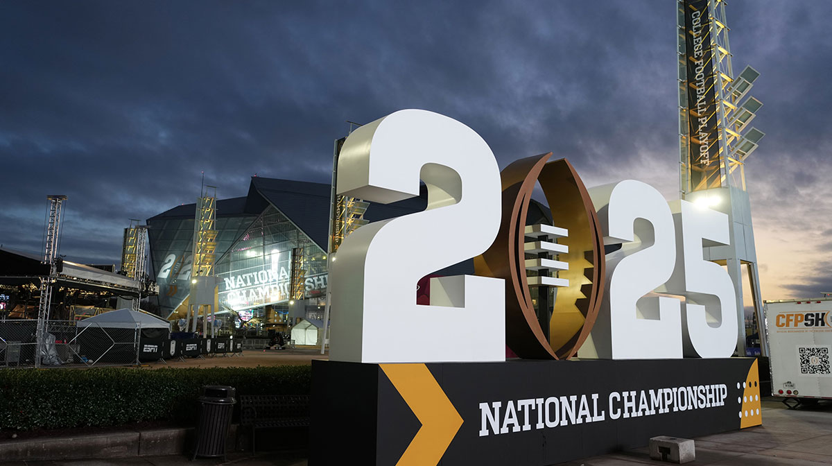 A general overall view of the 2025 College Football Playoff National Championship logo at Mercedez-Benz Stadium.