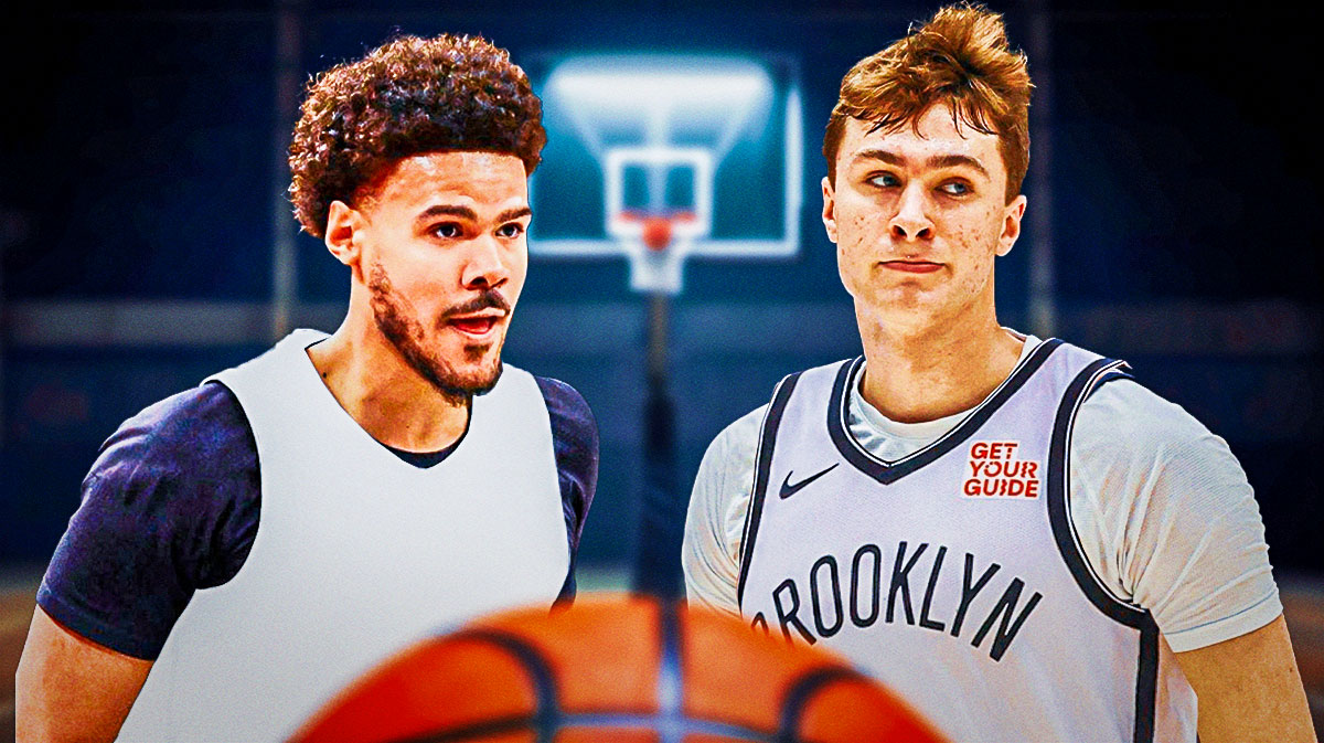 Cam Johnson in a bank white jersey and Cooper Flagg in a Nets jersey