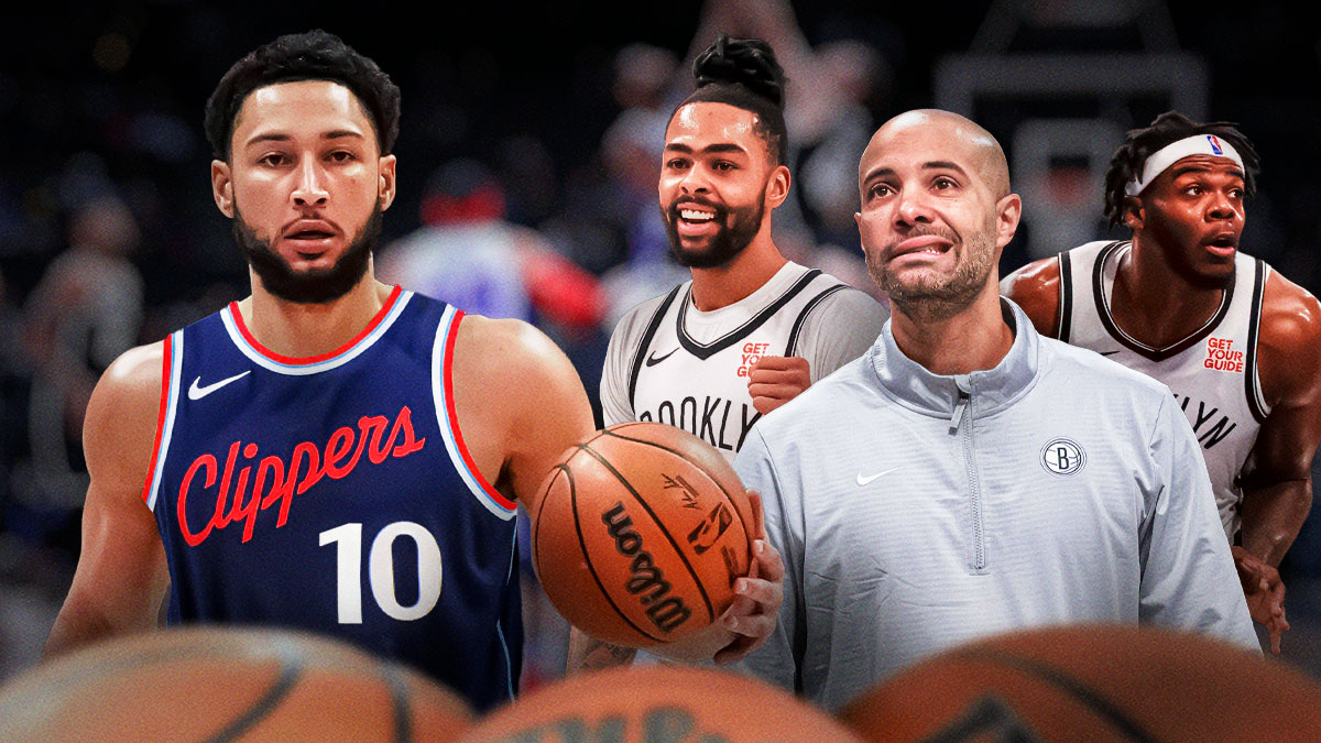 Ben Simmons in a Clippers uniform on one side with Jordi Fernandez, D'Angelo Russell, and Day'Ron Sharpe on the other