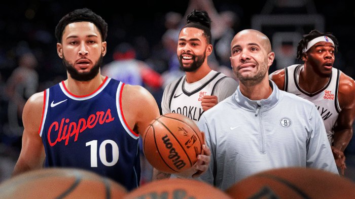 Ben Simmons in a Clippers uniform on one side with Jordi Fernandez, D'Angelo Russell, and Day'Ron Sharpe on the other