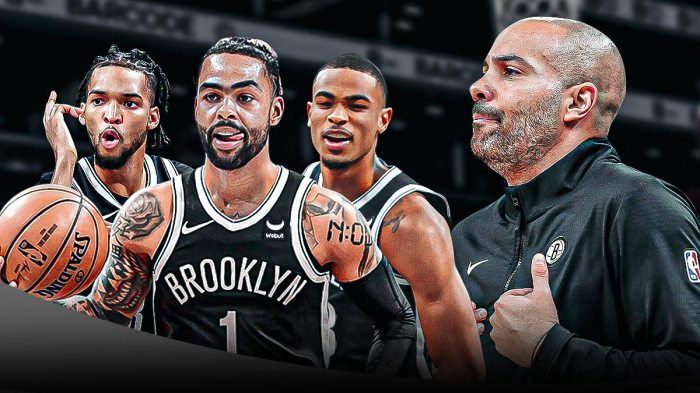 Jordi Fernandez on one side with D'Angelo Russell, Nic Claxton, and Ziaire Williams on the other