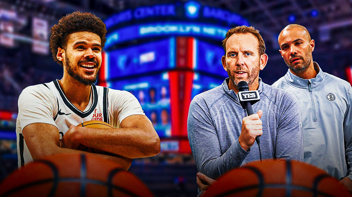 Cam Johnson on one side with Sean Marks and Jordi Fernandez on the other