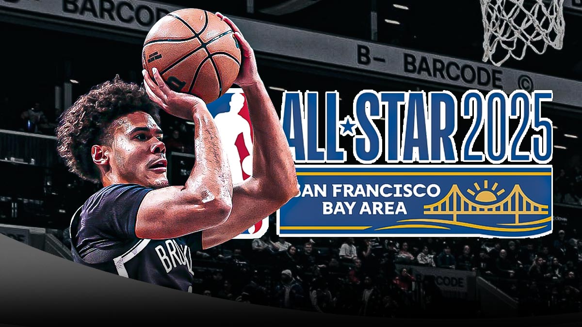 Cam Johnson shooting with the All-Star logo next to him