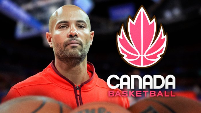 Jordi Fernandez with the Canada basketball logo next to him