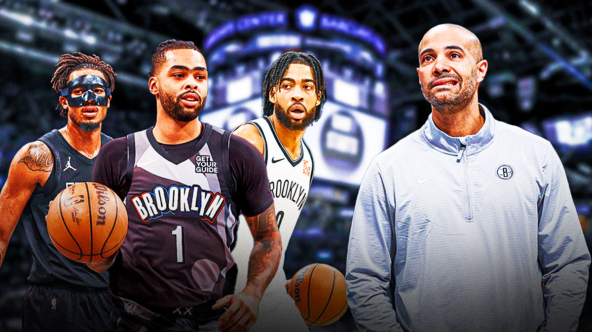 Jordi Fernandez on one side with D'Angelo Russell, Nic Claxton, and Trendon Watford on the other