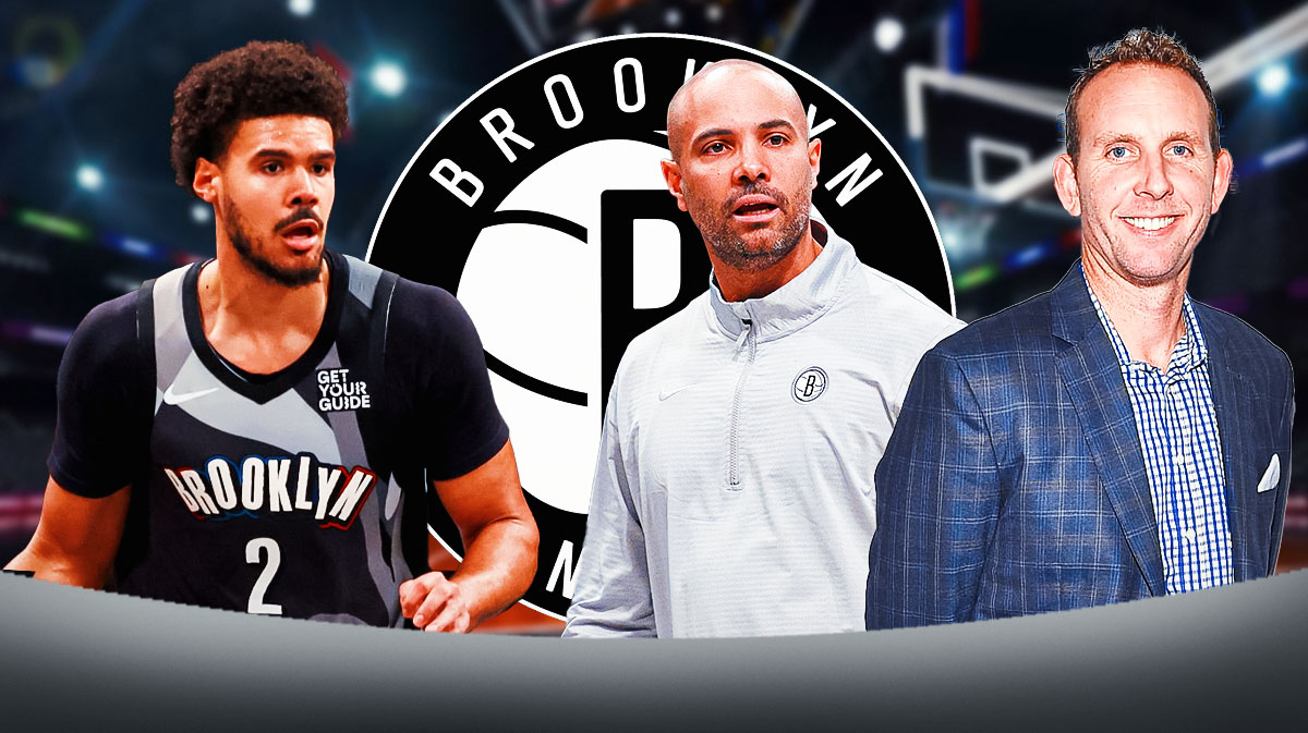 Sean Marks and Jordi Fernandez on one side with Cam Johnson on the other and a Nets logo in between them