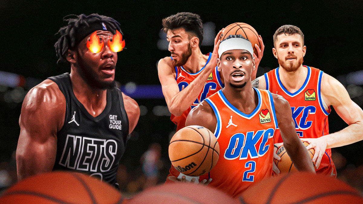 Day'Ron Sharpe on one side with fire in his eyes and Chet Holmgren, Isaiah Hartenstein, and Shai Gilgeous-Alexander on the other