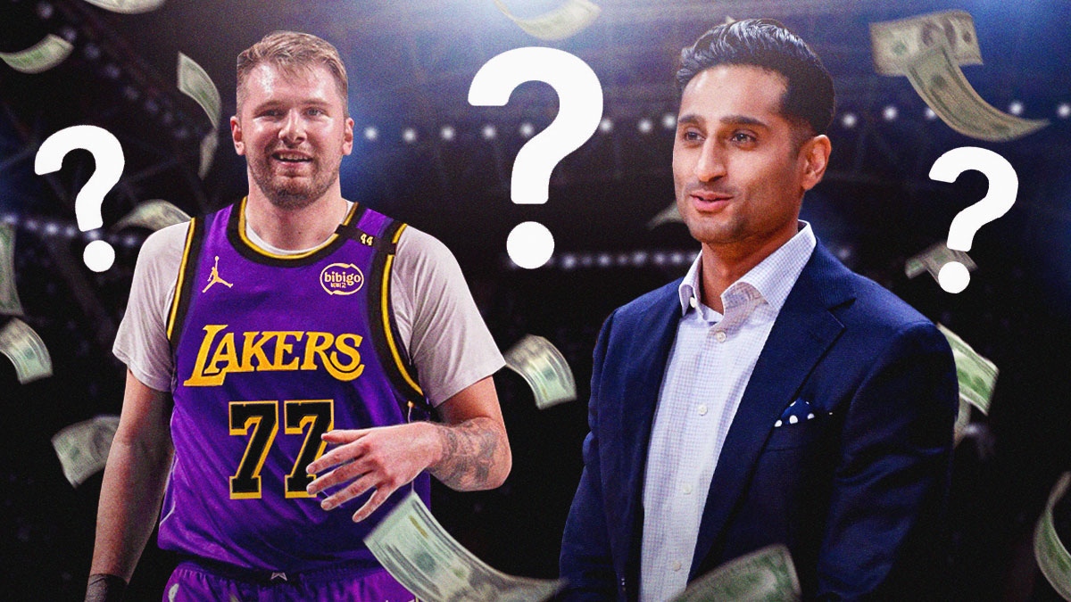 Shams Charnia on one side and Luka Doncic on the other with dollar bills and question marks in between them