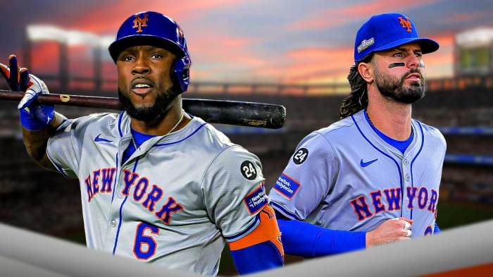 Starling Marte and Jesse Winker batting in New York Mets uniforms.