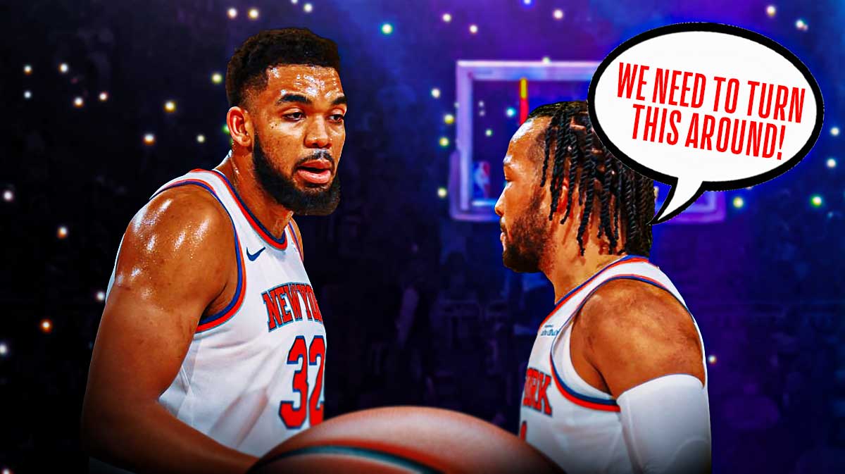 Jalen Brunson and Karl-Anthony Towns looking defeated with a text bubbles from Brunson saying "We need to turn this around!"